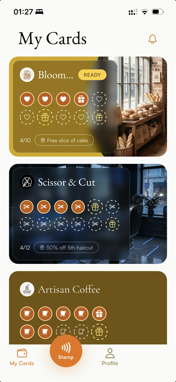 Ambr wallet: My Cards with loyalty cards from a bakery, a barber and a coffee shop
