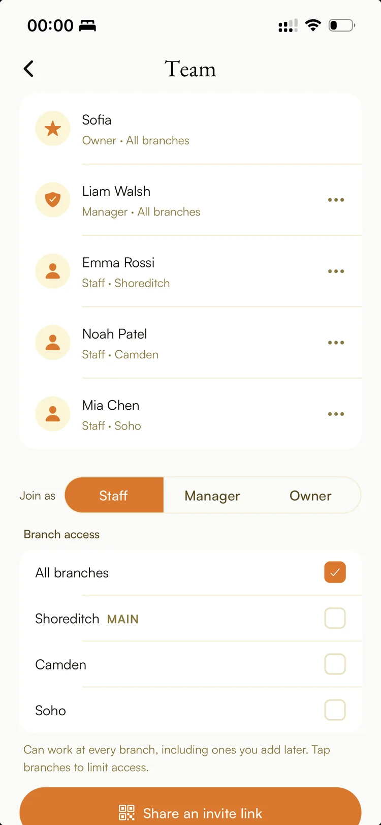 Ambr team management: owner, manager and staff roles with per-branch access and a shareable invite link