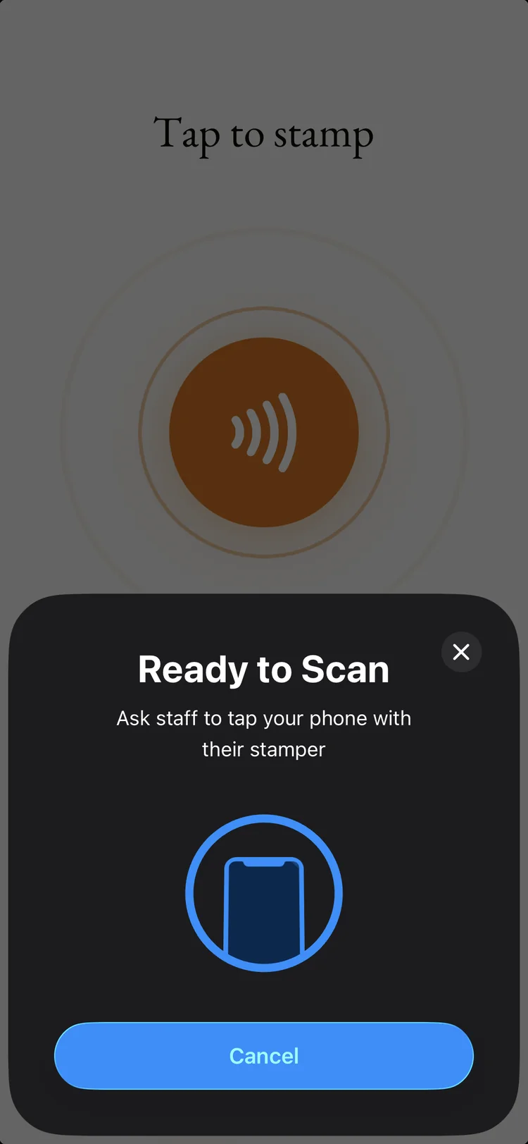 A customer's phone showing “Tap to stamp” with the iOS Ready to Scan sheet, staff tap it with the Ambr NFC stamping tool