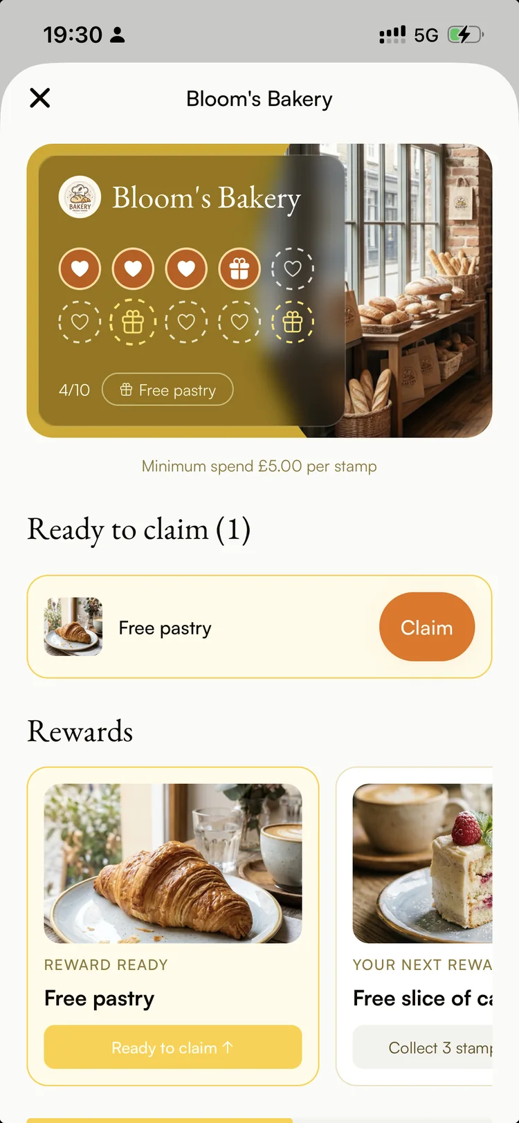 Ambr card detail: Bloom’s Bakery card with a reward ready to claim