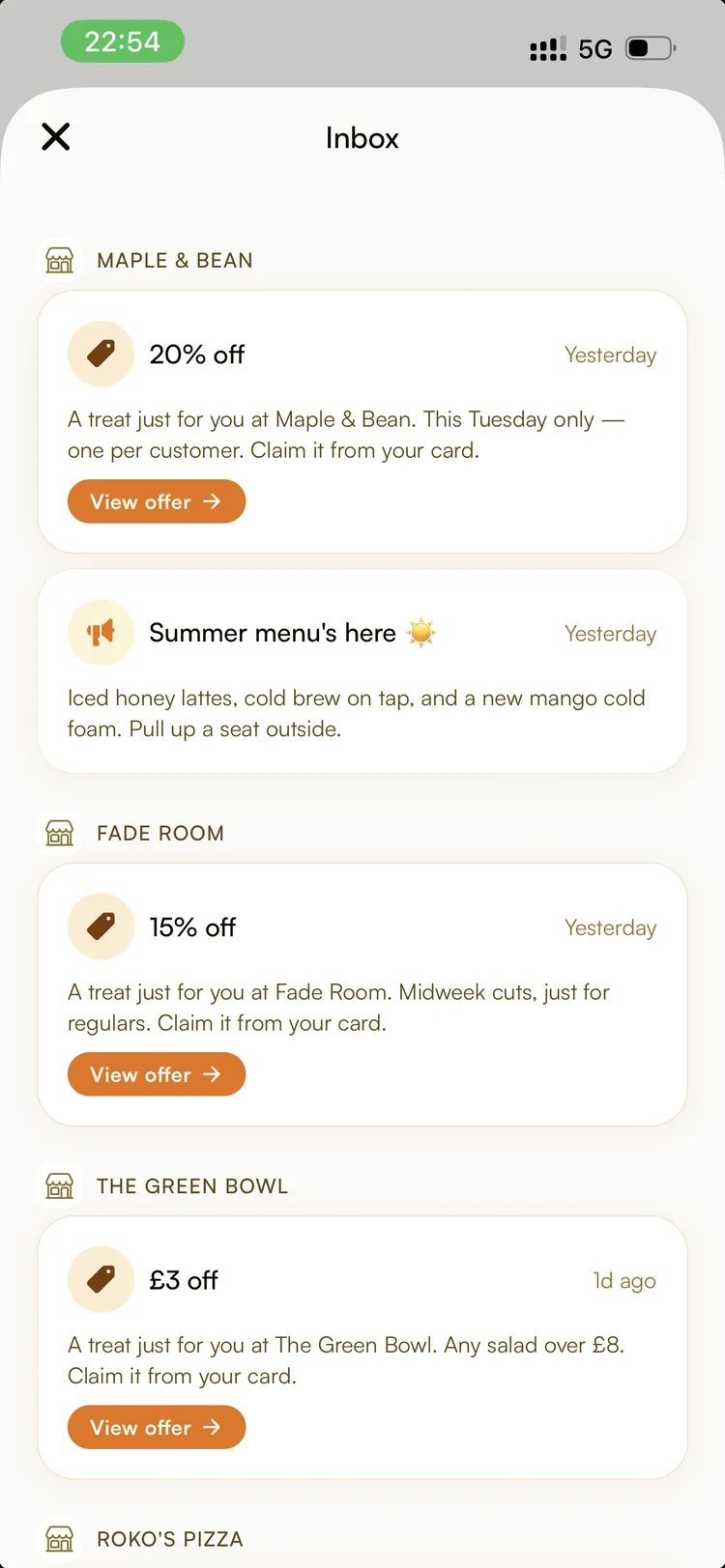 Ambr customer inbox with offers from local shops