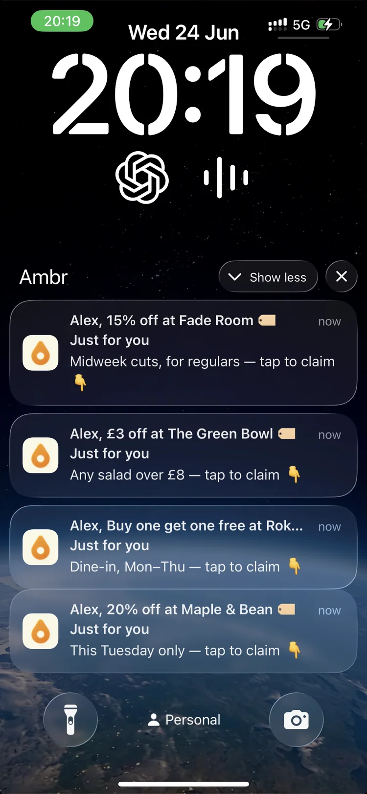 A phone lock screen with four Ambr push notifications: offers from Fade Room, The Green Bowl, Roko's and Maple & Bean