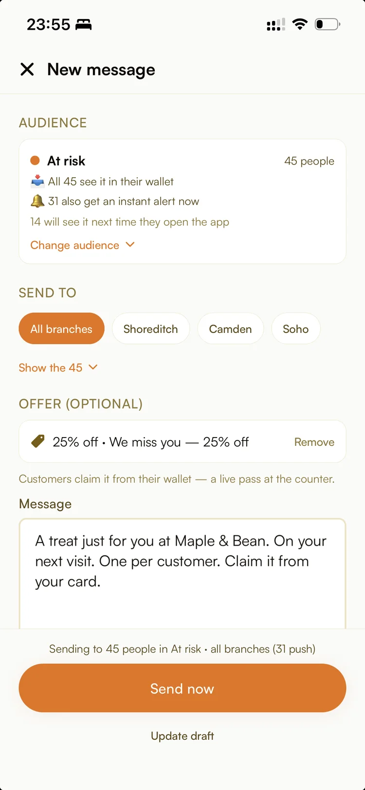 Ambr campaign builder: audience “At risk · 45 people”, branch targeting, an attached 25% offer and a Send now button